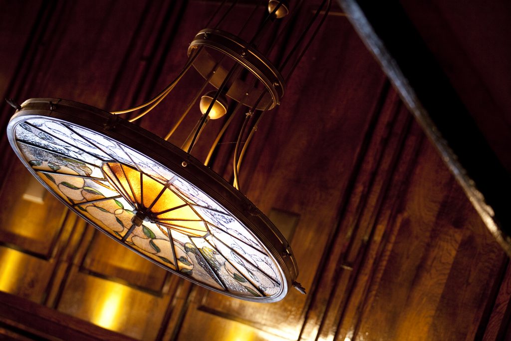 Oak Lodge Interior Lighting and Decor - Stained Glass Chandelier - Baton Rouge Events